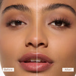 Before and after comparison of a woman's lips with a clear line dividing the two.