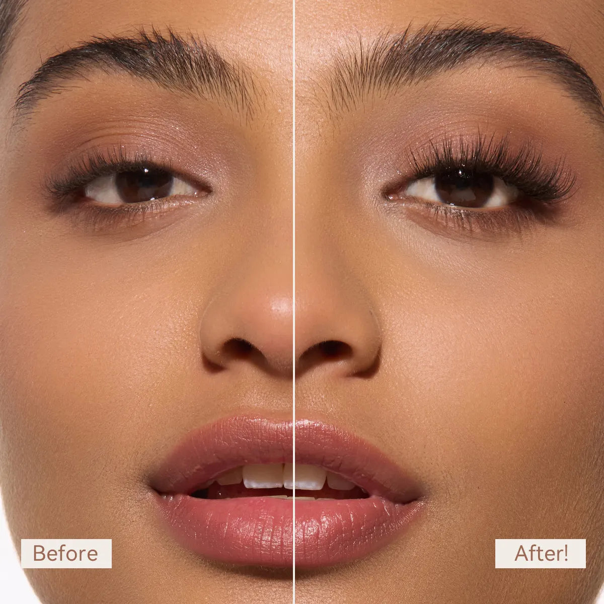 Before and after comparison of a woman's lips with a clear line dividing the two.