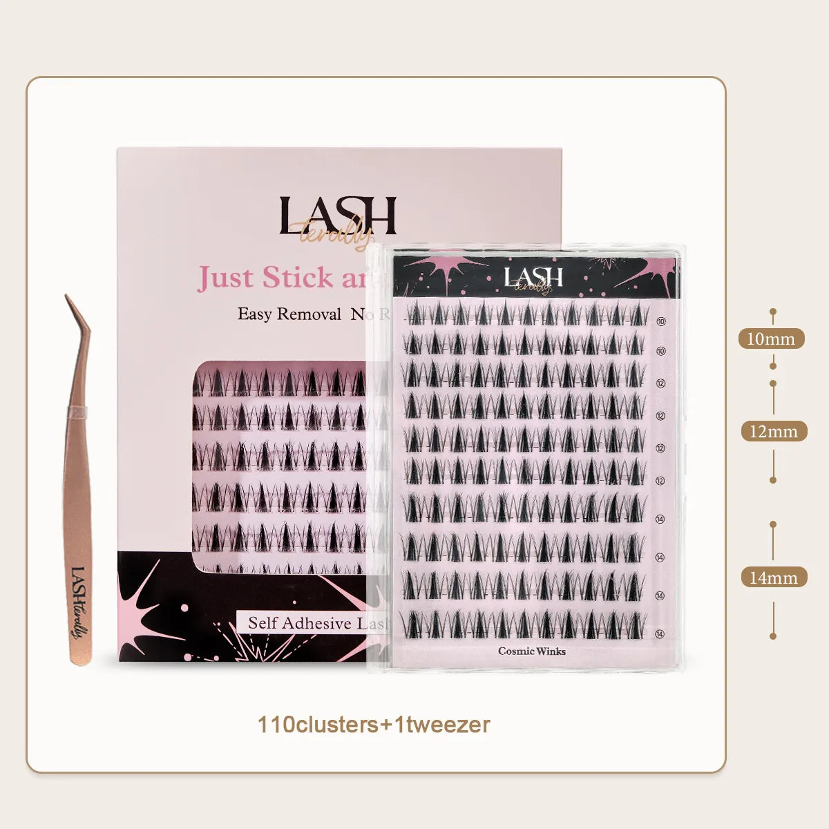 Set of false eyelashes with packaging and tweezers on a light background