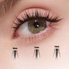 Close-up of an eye with false eyelashes of different lengths displayed below.