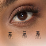 Close-up of an eye with false eyelashes and size measurements displayed.