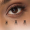 Close-up of an eye with false eyelashes and size measurements displayed.