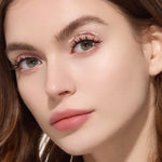 Close-up of a woman's face with labeled false eyelashes.