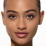 Close-up of a woman's face with labeled false eyelashes on a white background