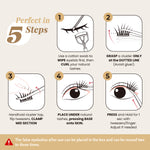 Instructions for applying false eyelashes in five steps on a beige background.