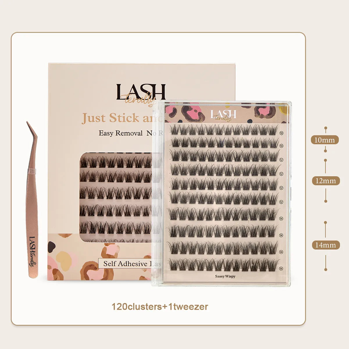 Eyelash extension kit with packaging, lashes, and a tweezer on a beige background