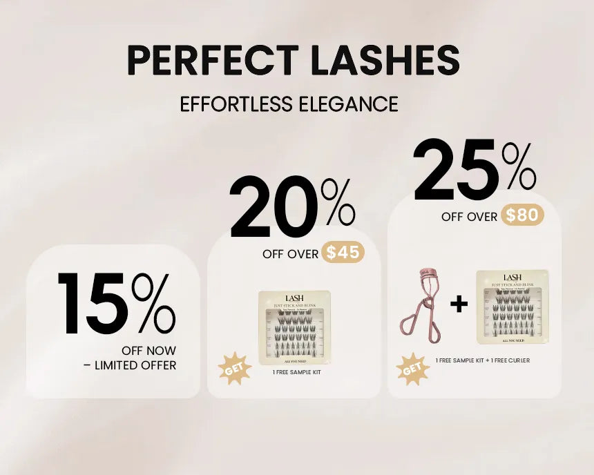 Advertisement for 'Perfect Lashes' with promotional text and product images on a light background.